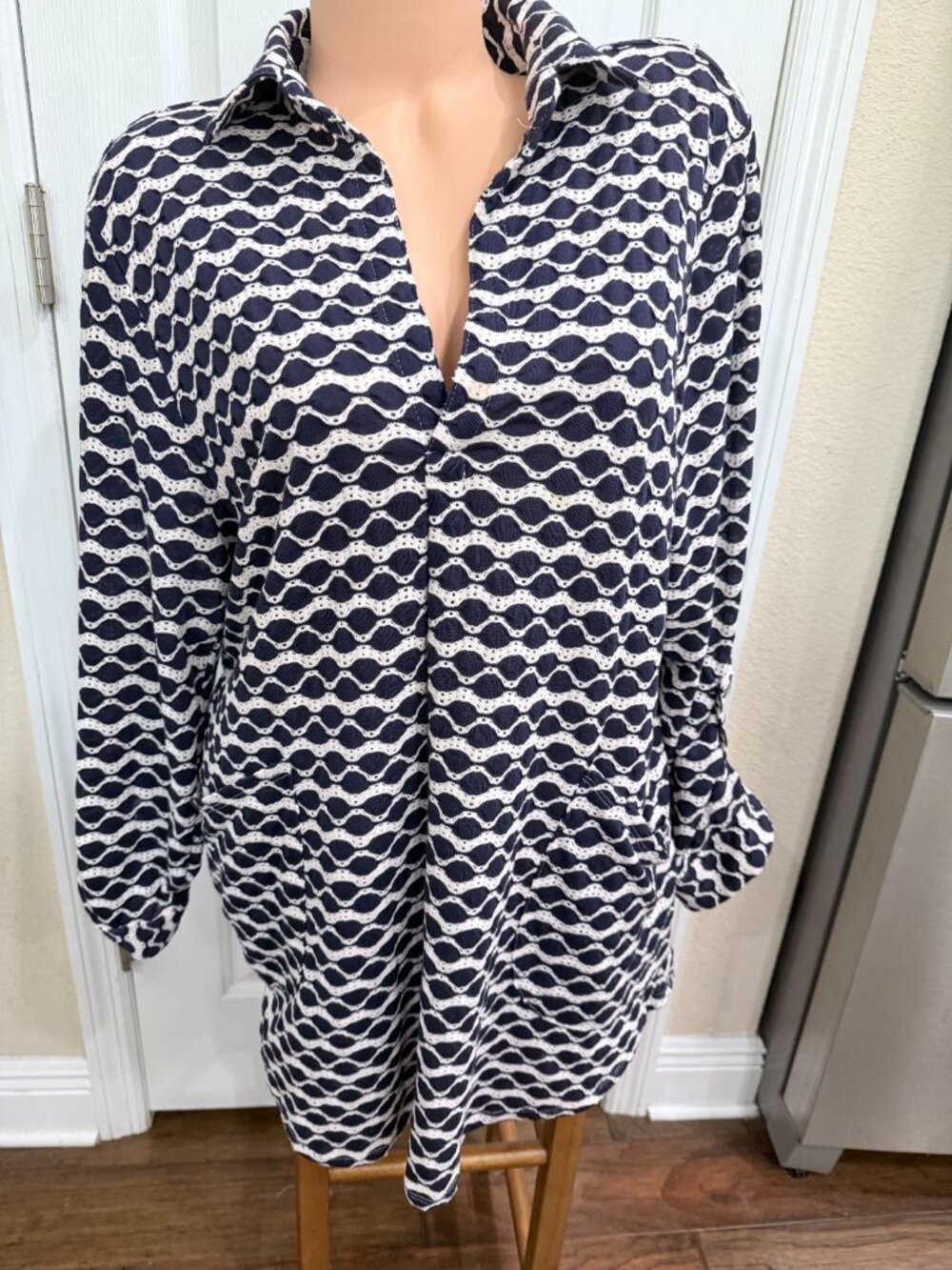 ForCynthia Beachwear XL Navy White Long Sleeve Beach Cover Up Tunic Top